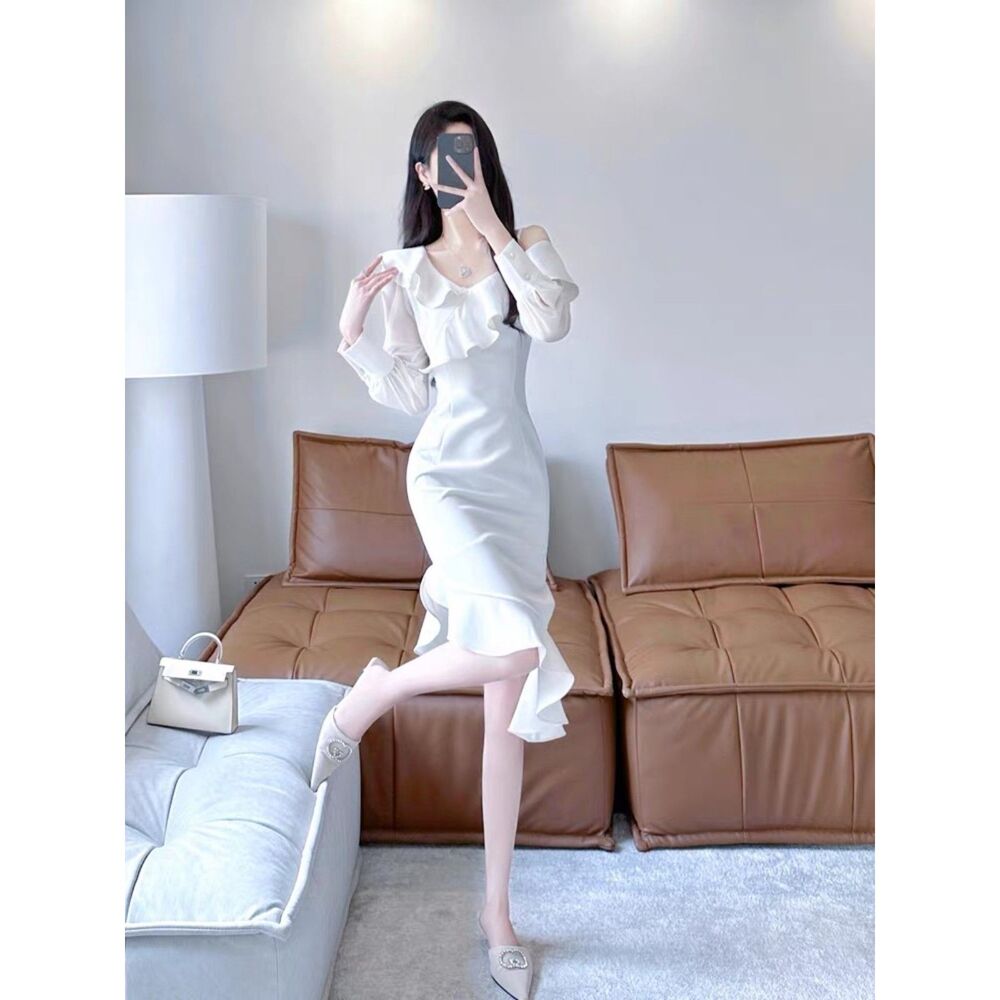 Elegant White Ruffle Midi Dress Feminine Off-Shoulder Bodycon Dress